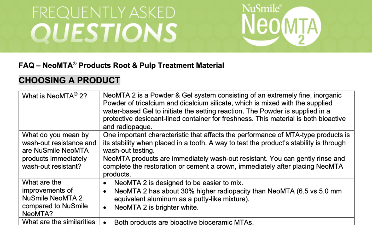 NuSMile NeoMTA Products FAQ