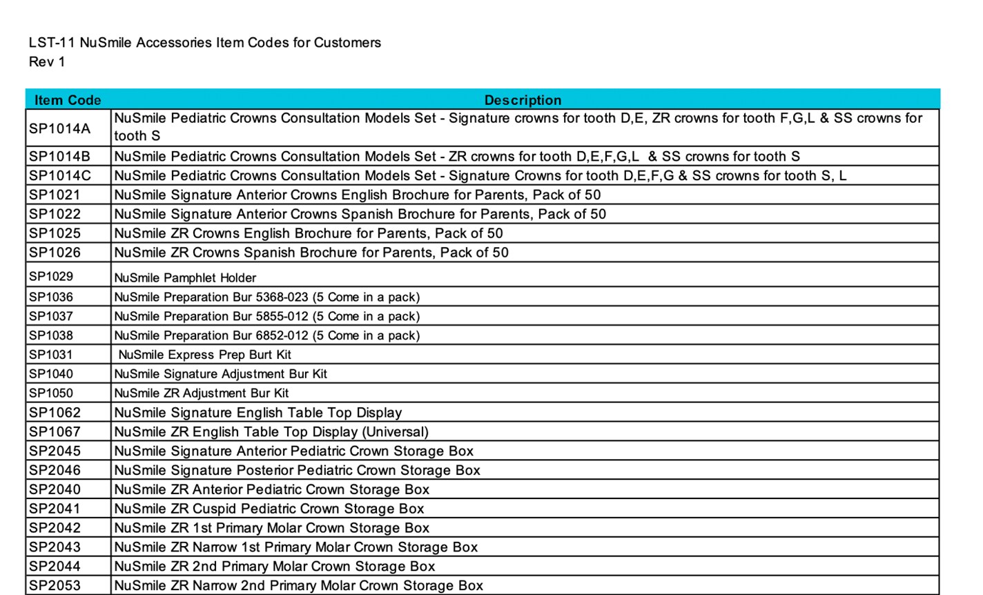 NuSmile Accessories Item Code List