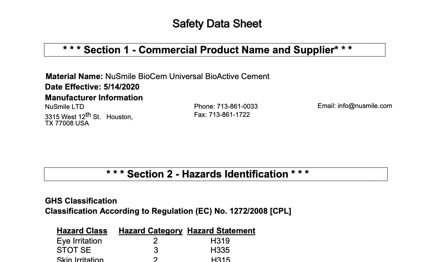 NuSmile BioCem Safety Data Sheet