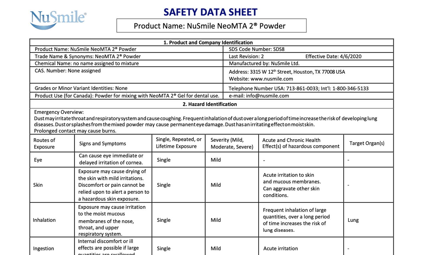 NuSmile NeoMTA 2 Safety Data Sheet - Powder