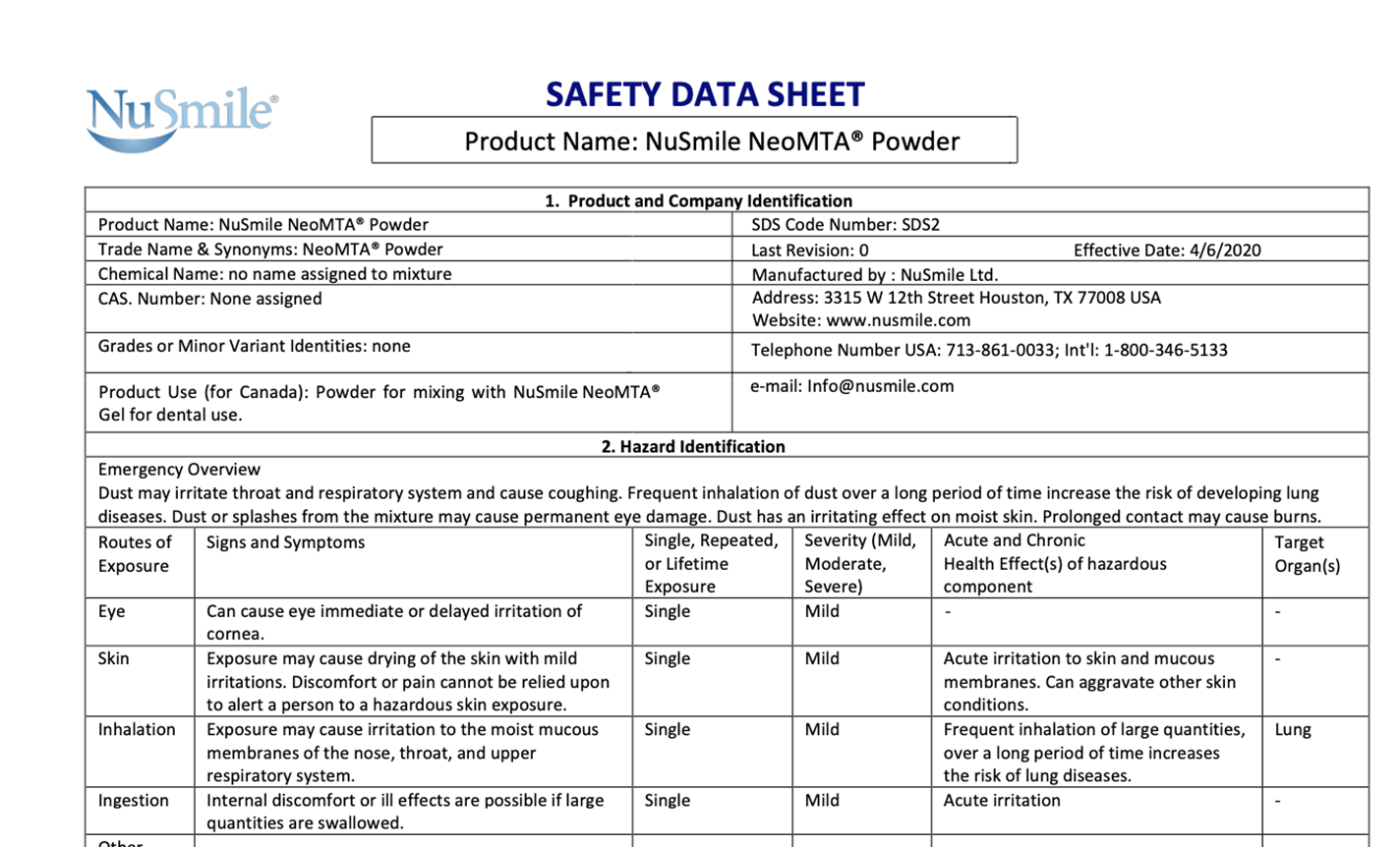 NuSmile NeoMTA Safety Data Sheet - Powder