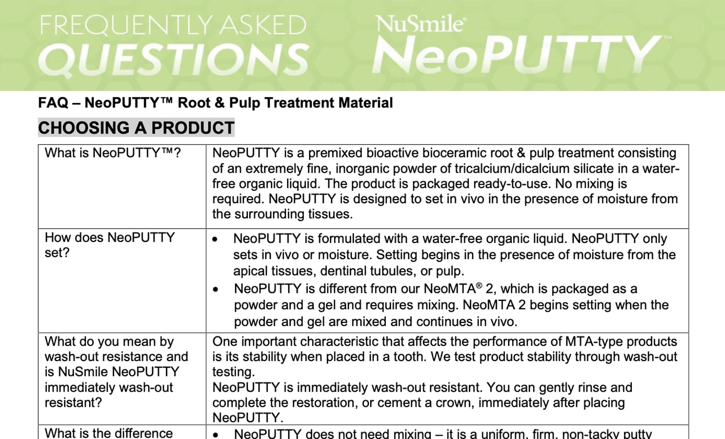 NuSmile NeoPUTTY FAQ
