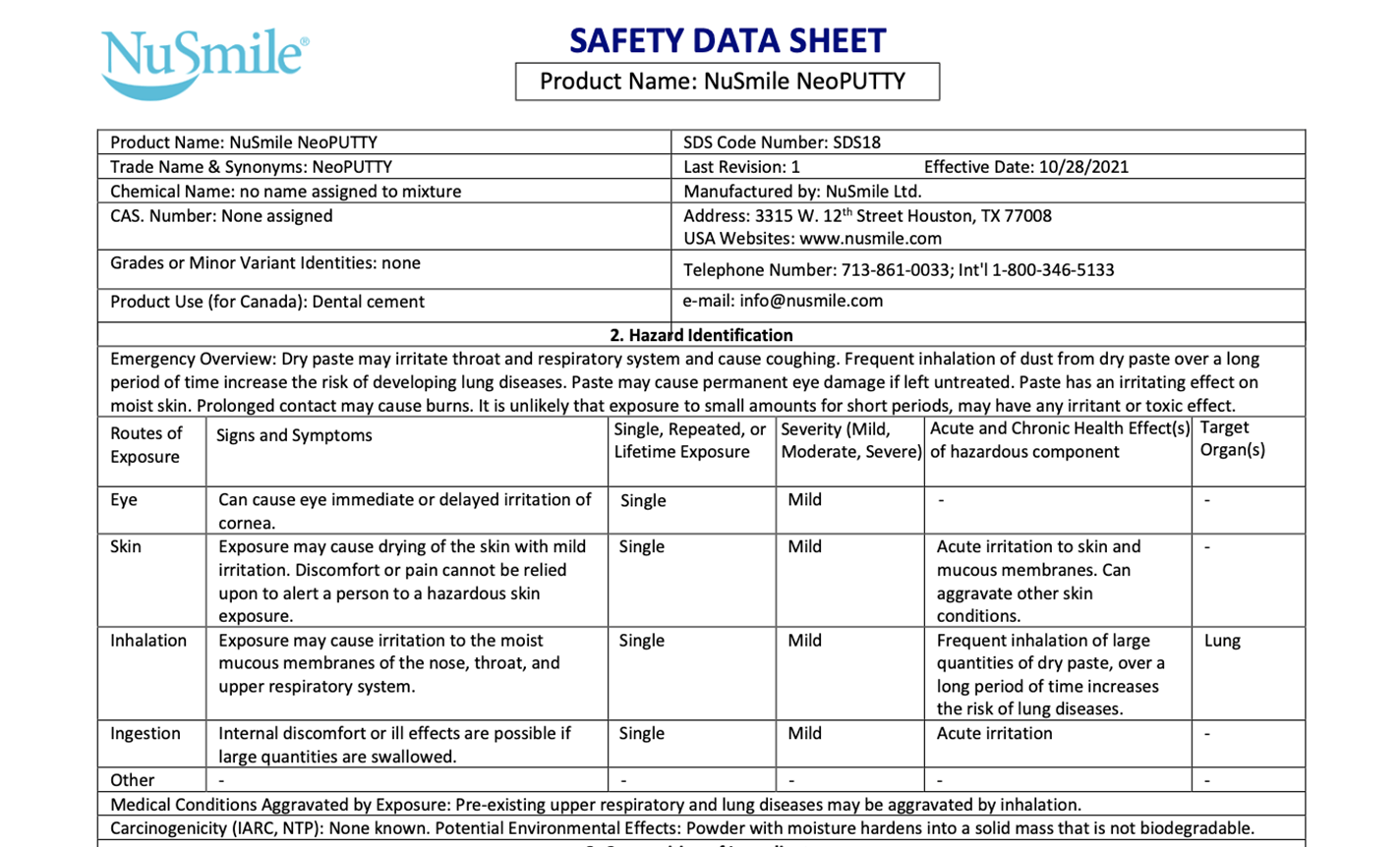 NuSmile NeoPUTTY Safety Data Sheet