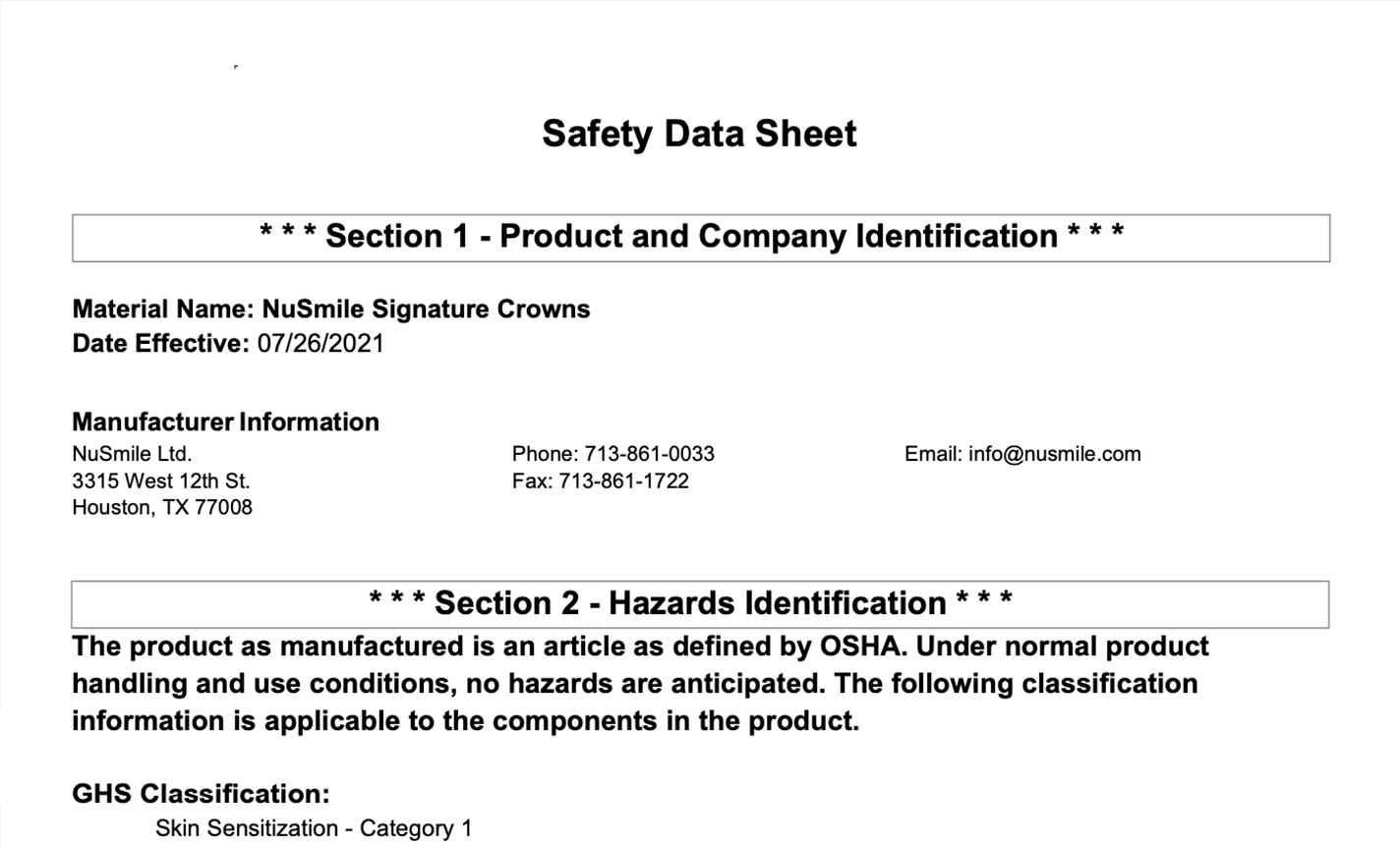 NuSmile Signature Safety Data Sheet