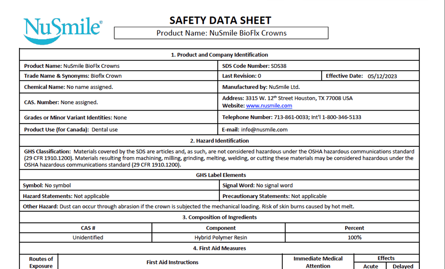 NuSmile BioFlx Safety Data Sheet